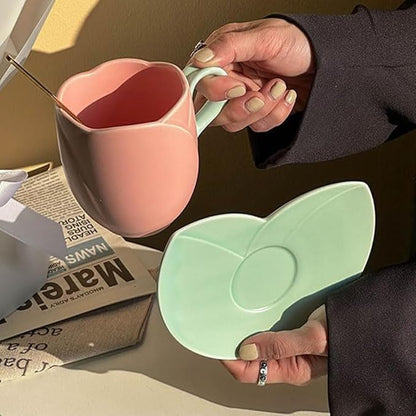 Ceramic Tulip Coffee Mug With Saucer Set, Comfortable Handle Tulip Flower Cup, Smooth Surface Heat-resistant Tea Cup For Office And Home (Pink) - color: Pink