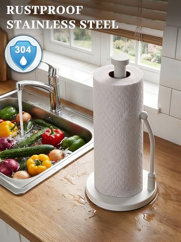 SMARTAKE Paper Towel Holder Countertop, Non-Slip Weighted Base, White | Freestanding Kitchen Roll Dispenser, Rustproof Stainless Steel, Spring Arm for Easy Tear, Widden Top, with 4 Suction Cups - color: 05-white