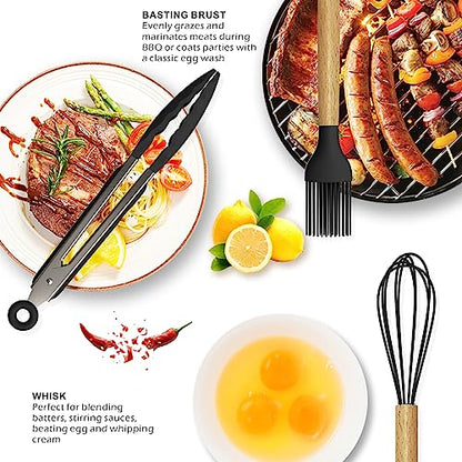 oannao Silicone Cooking Utensils Set - 446°F Heat Resistant Silicone Kitchen Utensils for Cooking,Kitchen Utensil Spatula Set w Wooden Handles, BPA FREE Gadgets for Non-Stick Cookware (Black) - color: Black