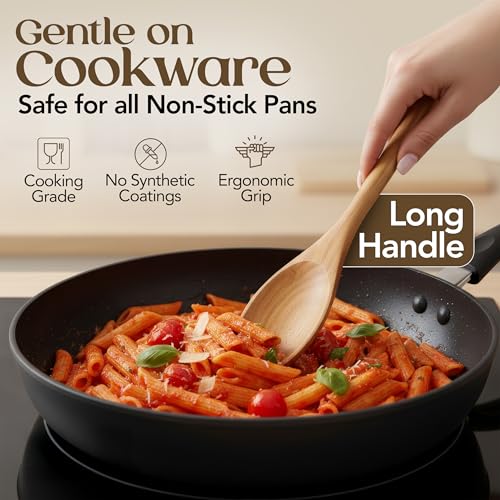 SANJH Teak Wooden Utensil Set for Cooking - 8 Piece Teak Wooden Spoons Set | Spatula Scraper Pasta Spoon Rice Paddle Tongs, Smooth Sanded Finish, Comfortable Grip Handles, Gentle on Cookware