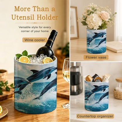 Utensil Holder for Countertop,Dolphins in Ocean Ceramic Utensil Crock Organizer for Home Kitchen Spoons,Spatulas and Cooking Tools - color: Dolphins in Ocean