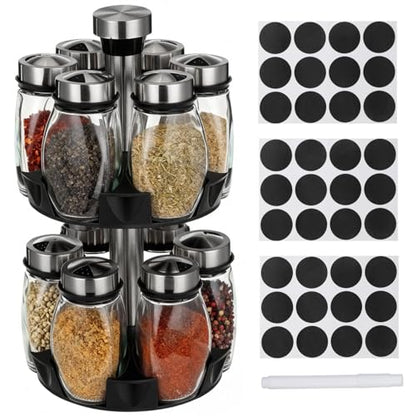 Double Layer Revolving Spice Rack Organizer, 12-Piece Empty Glass Jar Set with Marker Pen & Labels, Space-Saving Seasoning Storage Stand for Kitchen Countertop, BBQ, or Restaurant Storage