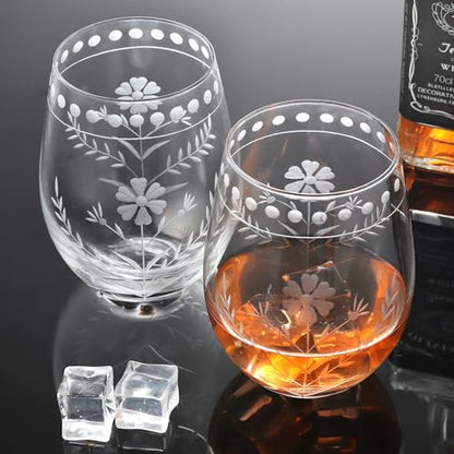 Joeyan Hand Blown Etched Stemless Wine Glasses,Carved Red and White Wine Tumbler with Floral Pattern,Clear Drinking Glass Cups,Glassware for Birthday Party Anniversary,19 oz,Set of 4,Dishwasher Safe - color: Wine Glasses
