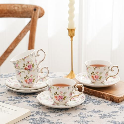 Agyiuns tea cups and saucers ceramic coffee mug 6oz set of 4 for Latte, Cafe Mocha, white with flowers - color: White and small floral-set of 4
