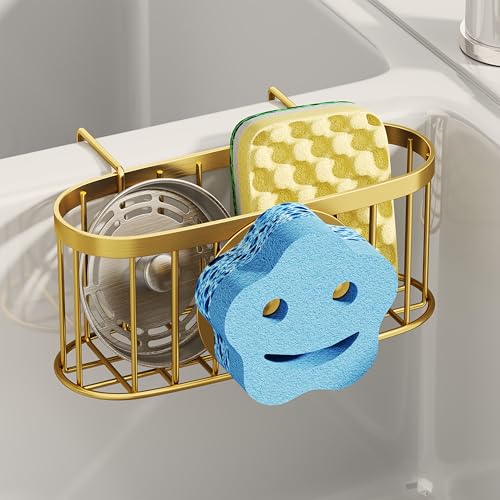 SWTYMIKI Sponge Holder for Kitchen Sink - Movable Sink Caddy with Smiley Face Sponge Holder, Rustproof Hanging Sponge Organizer in Double Bowl Sinks Depth>3.15in, Middle Divider<1.5in, Gold - color: Gold-smiley Sponge Holder