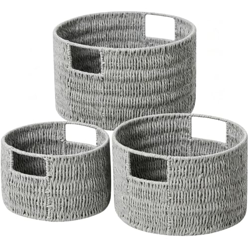 Wicker Storage Basket, Hand-Woven Paper Rope Large Round Woven Basket With Handles, Wicker Baskets for Organizing/Storage, Grey, 3-Pack - color: Round Paper Rope(Grey)