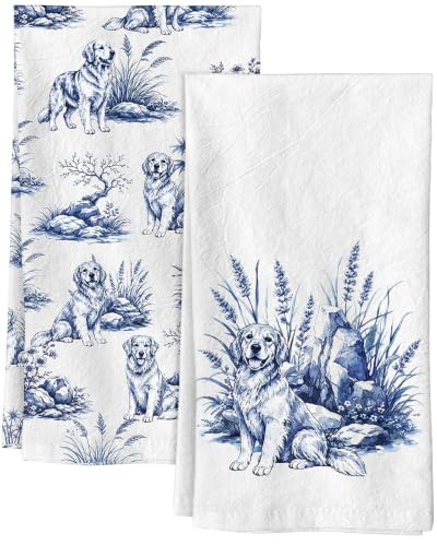 Flour Sack Kitchen Towels Set of 2, 18x26 Inch, Golden Retriever | 150GSM Cotton, Lint-Free, Quick Dry, Hanging Loop, Lightweight Tea Towels, French Home Decor, Chinoiserie, Housewarming Gift - color: Golden Retriever