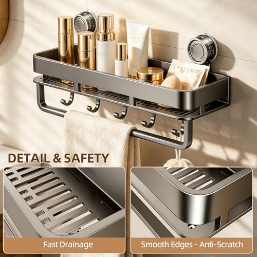 Suction Cup Shower Caddy,No Drilling, Rectangular, Grey,1-Pack | Shelf for Inside Shower, Heavy Duty Carbon Steel, Towel Bar & Hooks, Rust-Resistant, Bathroom Organizer Storage Rack - color: Grey,1-Pack