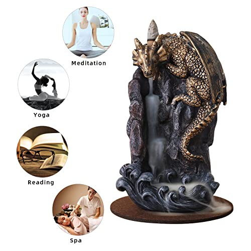 Dragon Backflow Incense Holder Waterfall Incense Burner, with 100 Backflow Incense Cones,1 Mat,1 Tweezers，Aromatherapy Ornamental for Home Office Yoga （Golden Dragon） - color: Golden