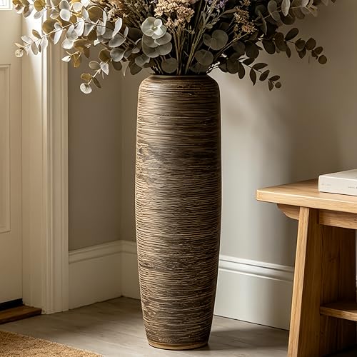 Brown Rustic Ceramic Floor Vase, 24 Inch, Ribbed Texture | Living Room, Entryway, Fireplace, Pampas Grass, Dried Branches - size: 23.6 Inch