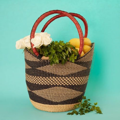 Black African Basket with Handles for Farmers Market and Picnic, 16 Inch Wide - color: Black Natural