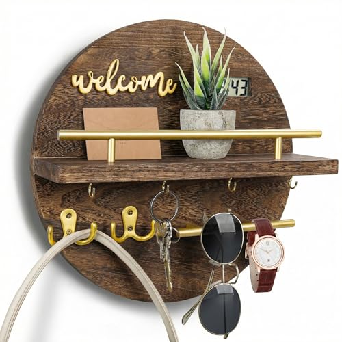 Key Holder for Wall, Key and Mail Holder Organizer with - Key Holder Wall Mount - Round Wooden Rustic Home Decor for Entryway, Mudroom, Hallway, Kitchen Office (Brown&Gold) - color: Brown&Gold