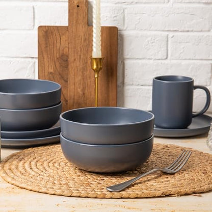 12-Piece Stoneware Dinnerware Set with Mugs | Microwave and Dishwasher Friendly | Stackable Matte Glaze Plates & Bowls | Service for 3 (Blue for 4) - color: Blue for 4