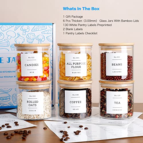 20 OZ Glass Food Storage Jars with 132 Pantry Labels Preprinted - 6 Pcs Thicken Glass Storage Containers with Airtight Bamboo Lid - Clear Kitchen Canister for Spice, Tea, Coffee, Sugar, Cookie, Candy - color: 20oz(6pcs)