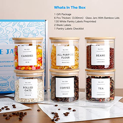 20 OZ Glass Food Storage Jars with 132 Pantry Labels Preprinted - 6 Pcs Thicken Glass Storage Containers with Airtight Bamboo Lid - Clear Kitchen Canister for Spice, Tea, Coffee, Sugar, Cookie, Candy - color: 20oz(6pcs)