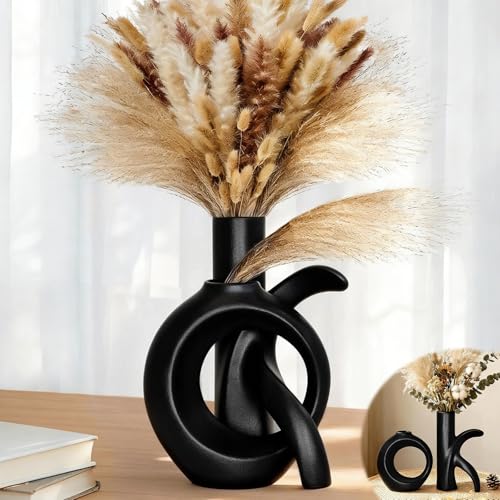 Assemble OK Ceramic Vase Set of 2 for Home Decor, Modern Boho Ins Style Matte Vase for Pampas Grass for Table Centerpiece, Living Room, Shelf, Mantle, Housewarming Gift (Black Vase) - color: Black