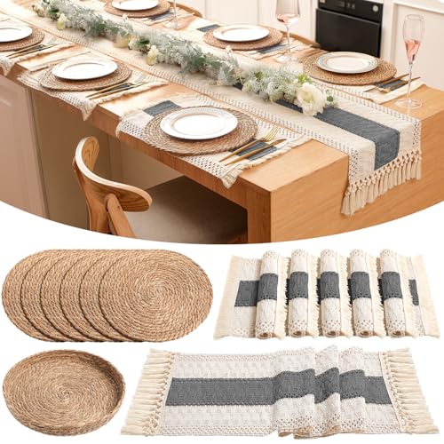 Boho Placemats 4/6/8 Set of Round Woven Placemat Macrame Style Bicolor Stitching Long Table Runner Farmhouse Rustic Natural Burlap Cotton for Kitchen Dining Table (6 Sets,Gray,12x72) - color: Gray, size: 12x72"