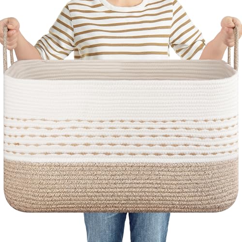OIASKET 75L Large Cotton Rope Storage Basket, Soft Decorative Blanket Basket for Living Room & Bedroom, Boho Laundry Hamper with Handles Capable of Holding Pillows, Clothes and Toys-Brown & White - color: Brown & White, size: 75L