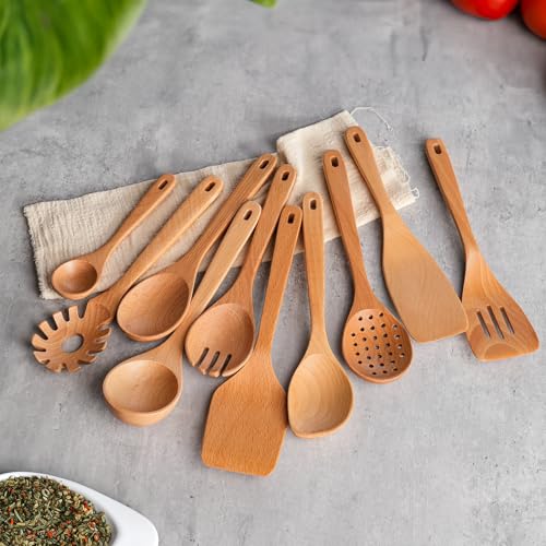 11 PCS WOSPONFAN Kitchen Utensils Set - Wooden Spoons for Cooking, Natural Beech Wood Wooden Utensils - Includes Wooden Spoons, Spatula Set, Slotted Spoon - Handmade Wooden Spoon Set | Heat Resistant, Non-Scratch, Safe for Nonstick Pan, Easy to Clean, Dai