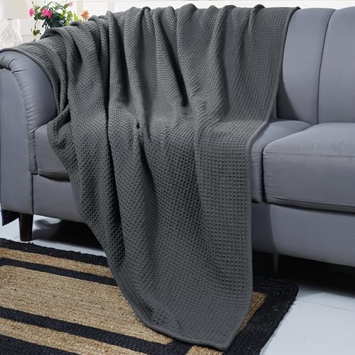 100% Cotton Waffle Weave Blanket, Twin Size 60 x 90 Inches, 300 GSM Lightweight Breathable Cooling Bed Blanket for Summer & All Season, Soft Woven Blanket, Grey - color: Grey, size: 60x90-Twin