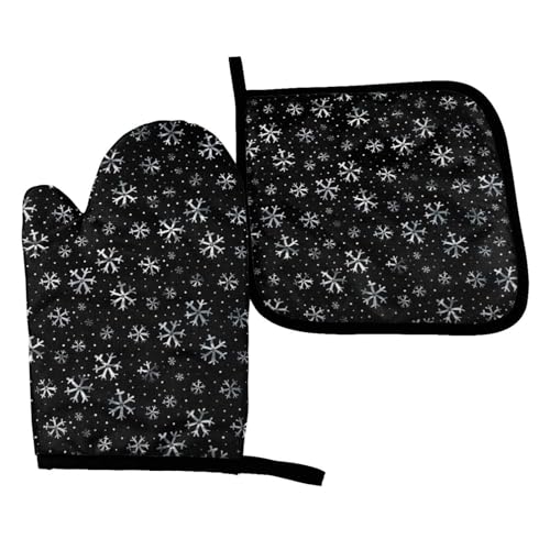 Perinsto Winter Snowflakes Black Oven Mitts & Pot Holders Kitchen Set Heat Resistant Xmas Decorative Cooking Gloves Microwave Oven Gloves for Baking Grilling BBQ - color: Snowflakes Black, size: Set of 2