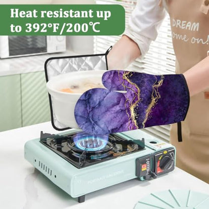 Purple Gold Marble Oven Mitts and Pot Holders Sets 4 Pcs Silicone Kitchen Gloves Heat Resistant Potholders for Baking Grilling BBQ - color: Purple Marble