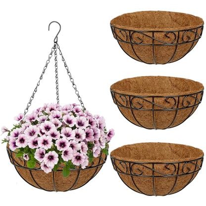 4 Pack 12 inch Metal Hanging Baskets for Plants, Round Metal Wire Hanging Basket Planter with Coco Fiber Liners Chain for Garden Home Porch Patio, Flower Border - size: 12" x 4 Pack, style: Flower Border