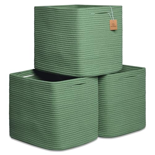 NaturalCozy 13x15x13 Kallax Storage Cubes Bins, 3 Pack | Cotton Rope Cube Storage Bin Woven Baskets for Organizing | Kallax Insert Storage Baskets for Shelves Organizer, Kids Toy, Closet Baby Nursery - color: Green, size: 15 x 13 x 13 (Kallax)