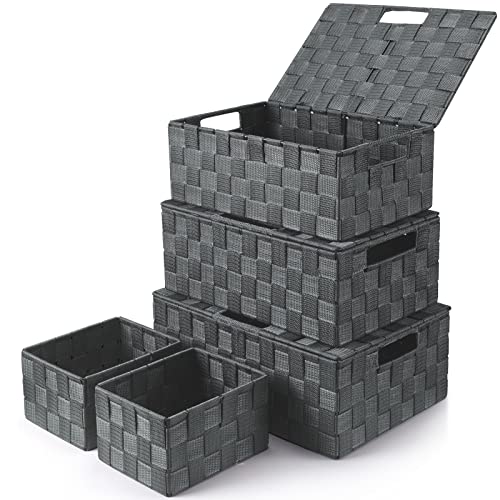 Storage Baskets with Lids: 5 Pack Stackable Woven Storage Bins, Grey | Decorative Woven Baskets for Organizing with Built-In Handles for Shelves, Closets, Cabinets and Cubbies, Gift Small Basket - color: Grey, size: 5pack with Lids