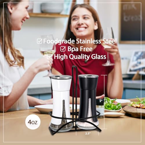 Aelga Farmhouse Salt and Pepper Shakers with Holder, Salt Shaker for the Kitchen with Adjustable Pour Holes for Himalayan, Kosher, and Sea Salts - color: Black&White