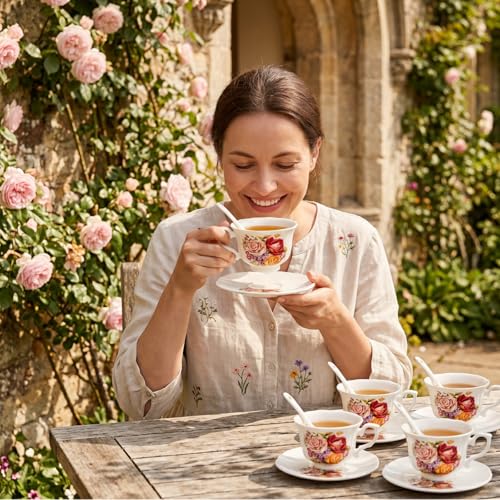 Pumtus Tea Cups and Saucers Set of 6, 8 OZ Vintage Ceramic Teacups with Spoon, Floral Rose British Coffee Mug, Elegant Bone China Cup Gift Set for Cappuccino, Espresso, Latte, Afternoon Tea Party