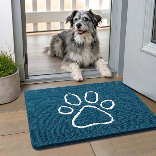 Smiry Dog Door Mat for Muddy Paws, Absorbent Non Slip Dirt Trapper, 24x16 | Atlantic Blue and White, Quick Dry Washable Chenille Mat for Mud Dogs, Entry Rug for Indoor and Outdoor - color: Atlantic Blue and White, size: 24"X16"