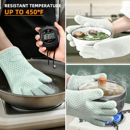 Silicone Oven Mitts, Non-Slip Waterproof Heat Resistant 450 Degrees Kitchen Gloves with Fingers, Cotton Lined Mitt for Grilling Cooking Baking - Mint Green (2 Pieces)