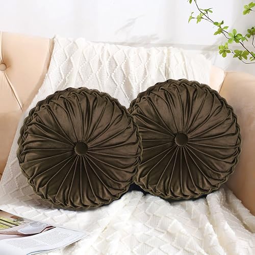 HIG Set of 2 Chocolate Velvet Decorative Round Pleated Throw Pillows | Vintage Floor Pillows, Classy Accent Pumpkin with Center Button, for Sofa Couch Vanity Chair Bed, 14.5" Diameter - color: Chocolate