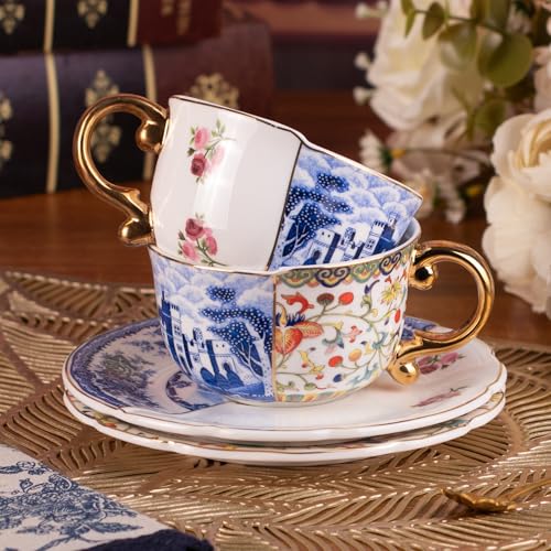 KAMMAK Tea Cups and Saucers Set of 2, Fine Bone China Coffee Cups, 582N | Stackable Espresso Mugs, Ceramic Demitasse for Coffee, Cappuccino, Latte, Americano, Tea - size: 7KPSP582N+583N
