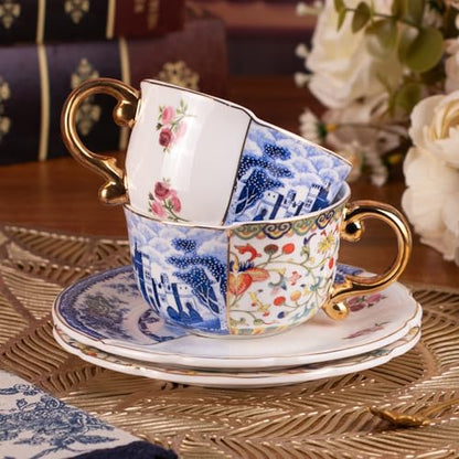KAMMAK Tea Cups and Saucers Set of 2, Fine Bone China Coffee Cups, 582N | Stackable Espresso Mugs, Ceramic Demitasse for Coffee, Cappuccino, Latte, Americano, Tea - size: 7KPSP582N+583N