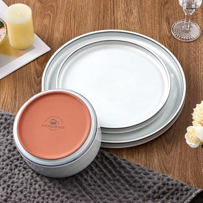 LIANYU 12 Piece Dinnerware Dishes Sets for 4, Stoneware Plates and Bowls | Ceramic Dishware Set for Pasta Dessert Cereal, Rustic Terracotta Bottom, Microwave & Dishwasher Safe, Lucent White - color: Lucent White
