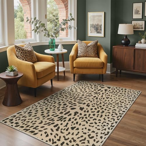 3x5 Washable Rug Small Leopard Print Area Mat for Entryway Bathroom | Cheetah Animal, Beige Brown, Bedroom Kitchen Doormat, Soft Morden Cool Carpet Throw Thin Low Pile Foldable, Water Repellent - color: Leopard / Beige and Brown, size: 3' x 5' (Rectangula