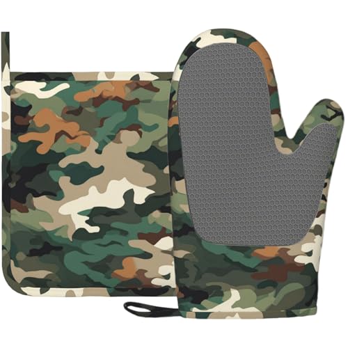 Green Camouflage Oven Mitt and Pot Holder with Silicone Heat Resistant Kitchen for Cooking BBQ Baking Grilling Cooking Protection - color: Green Camouflage