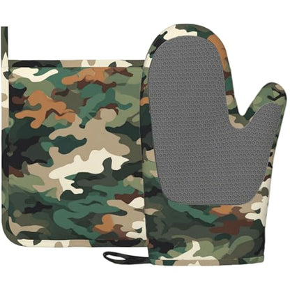Green Camouflage Oven Mitt and Pot Holder with Silicone Heat Resistant Kitchen for Cooking BBQ Baking Grilling Cooking Protection - color: Green Camouflage