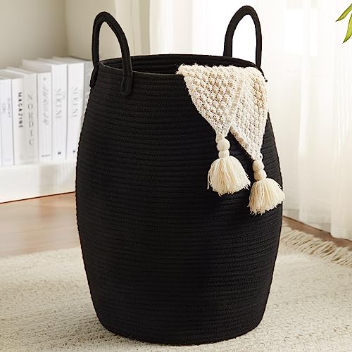 Large Laundry Hamper Basket 65L Woven Blanket Basket, Black | Tall Clothes Hamper, Rope Wicker Laundry Basket, Storage Basket for Toys, Dirty Cothes in Bedroom, Living Room Organizer - color: Black, size: 65L