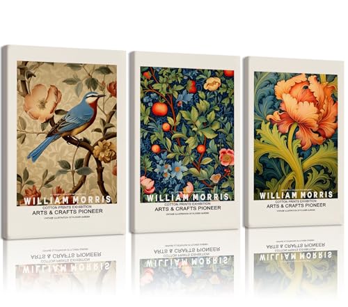 EEYNAQQ William Morris Wall Art, 3-Piece Arts and Crafts Canvas Painting, Bird Floral Pattern Wall Decor for Living Room Bedroom Dining Room, 12x16 Inches Ready to Hang - color: Retro Floral and Bird Wall Art, size: 12x16 Inches
