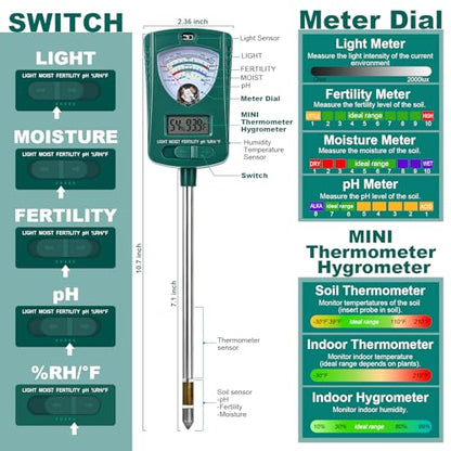 7-in-1 Soil Tester for Soil Moisture pH Fertility Light Intensity, Soil Temp, Air Temp & Humidity, with Pointer and LCD Display.for Garden, Farm, Lawn, Indoor/Outdoor Plant Monitoring.