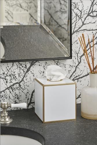 Jaye's Studio White Tissue Box Cover, Square Metal Gold Cube for Bathroom | Matte Hand-Painted Finish, Fits Facial Holders, Polished Trim, Open Bottom, Nursery Vanity Desk - color: White