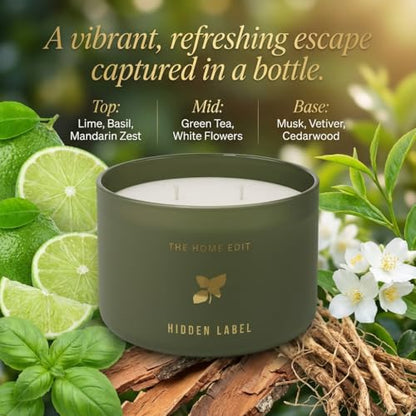 Hidden Label Basil Lime Mandarin Soy Candle, 10oz 2-Wick, 45H Kitchen Fresh | Herbal Citrus Aromatherapy | Non-Toxic Vegan Phthalate-Free | Even Melt No Tunneling | Sage Frosted Reusable Gift Jar - color: Basil Lime Mandarin
