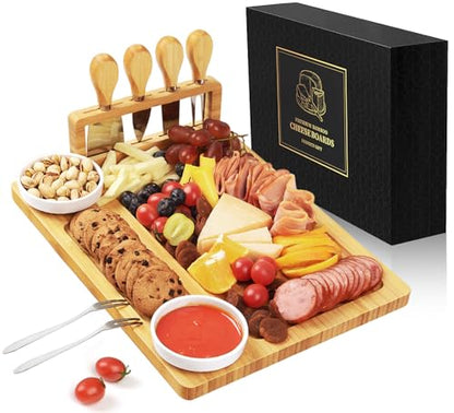 Bamboo charcuterie boards Gift Set - Serving Meat Cheese Board, Charcuterie Board Set with 4 Stainless Steel Cheese Knife, Ideal for House Warming Gifts New Home, Christmas, Bridal Shower Gift | 4 stainless steel cheese knives, serving platter. Perfect fo
