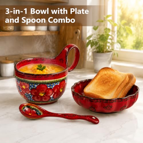 3 Piece Hand Painted Loop Handle Soup Bowl, Plate and Spoon Set,13.37oz Ceramic Cereal Cup for Coffee,Floral Bowl Set for Soup Snack Ice Cream Stew Microwave Dishwasher Safe (Red) - color: Flamenco Red