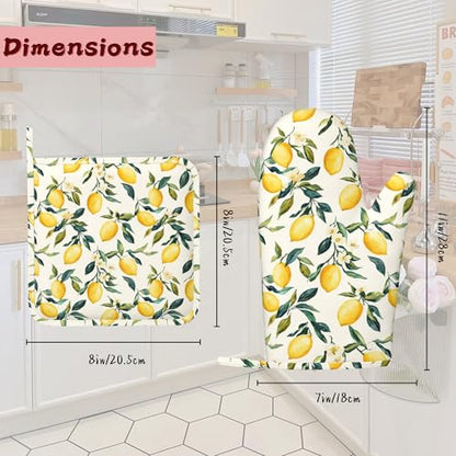 Retro Lemon Floral Silicone Oven Mitts and Pot Holders,Heat-Resistant 4 Piece Kitchen Set Non-Slip Oven Gloves and Hot Pads for Cooking, Baking, Grilling,BBQ - color: Retro Lemon Floral