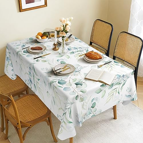 JOYPLUS Sage Green Eucalyptus Tablecloth Floral Imitation Linen Waterproof Fabric,Rectangle Watercolor Oil-Proof Wrinkle Resistant Table Cover for Dining Table,Buffet Parties and Camping (60" x 84") - color: Full-printing Green, size: 84" x 60" (Rectangul