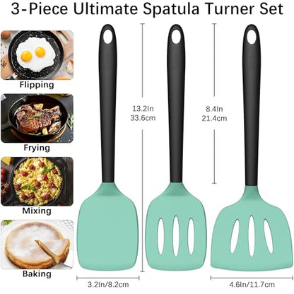 Coukre 3 Pack Silicone Spatula Set, Heat Resistant to 500°F, BPA-Free | Fish Spatula, Solid & Slotted Turners, Dishwasher Safe, Spatula Set for Eggs, Pancakes, Fish & Burgers, AquaGreenBlack - color: AquaGreenBlack
